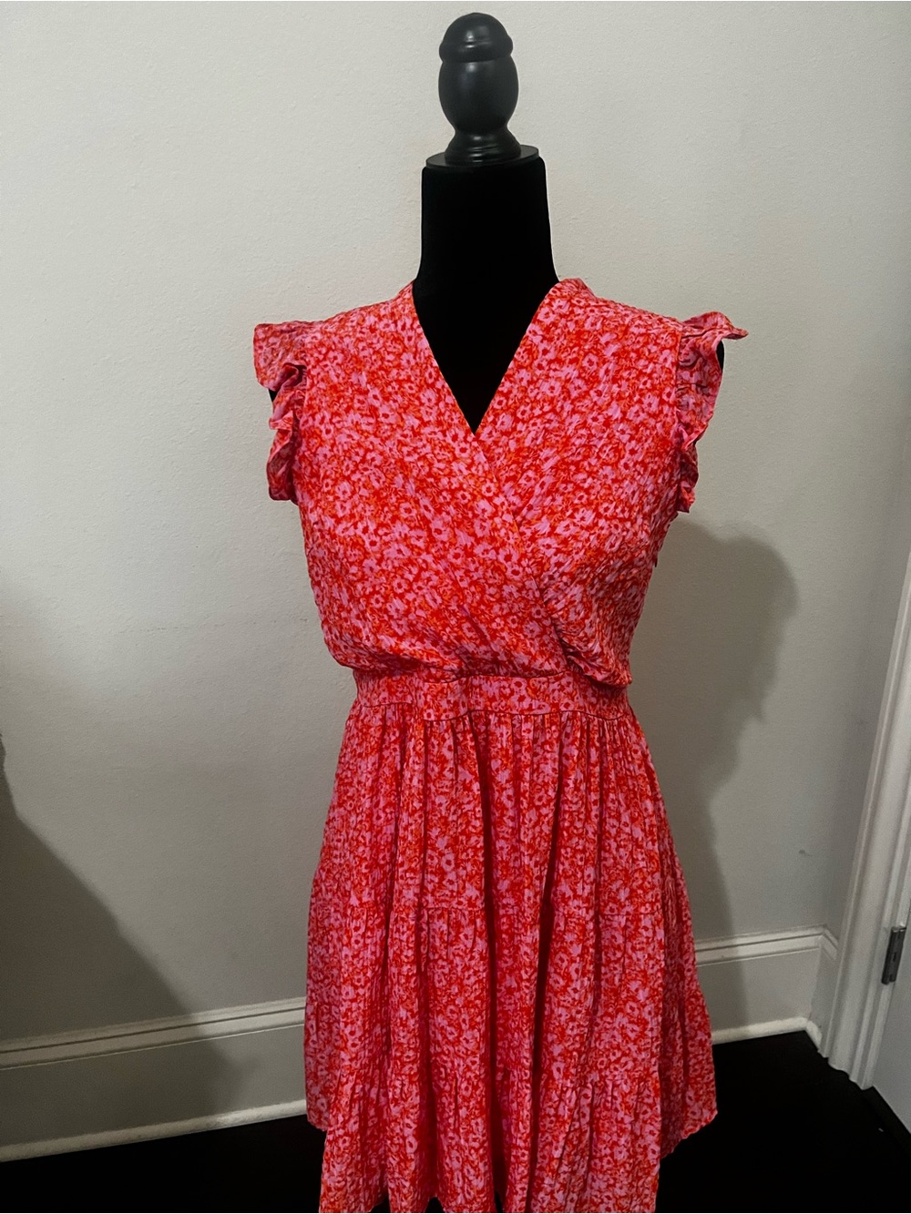 Rachel Zoe Red Floral Midi Dress with Ruffle Cap Sleeves